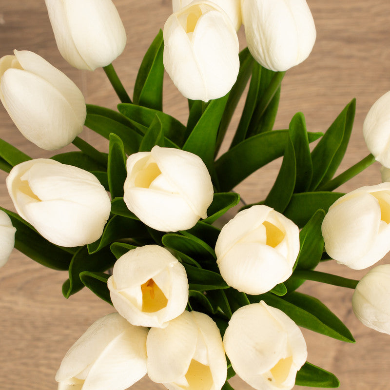 33cm Artificial White Tulips in Glass Vase